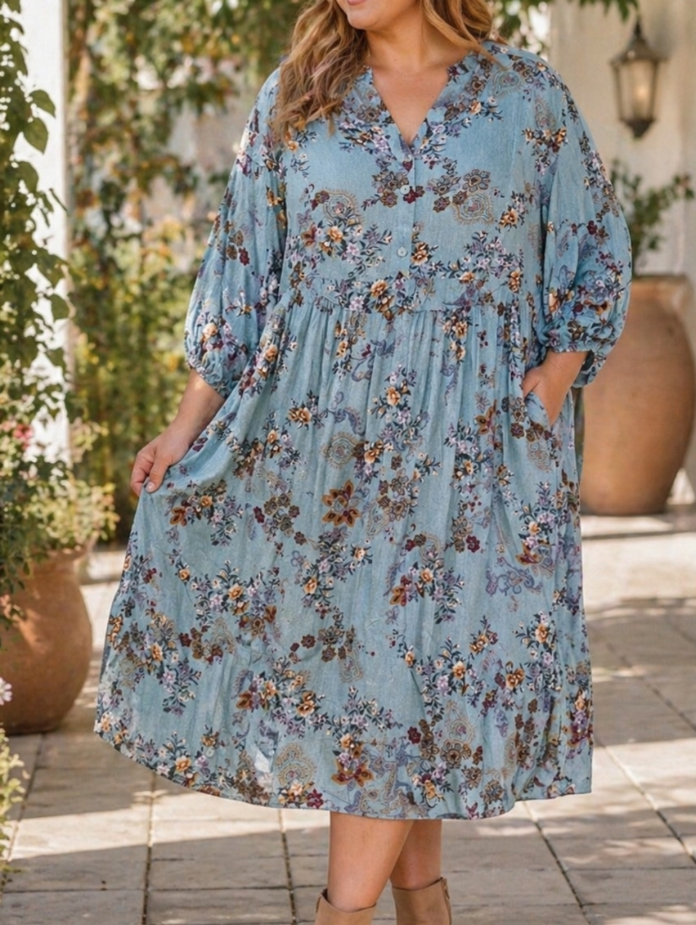 NWT Gozzip Plus Size Blue Floral Midi Swing Dress Boho Prairie Cottagecore